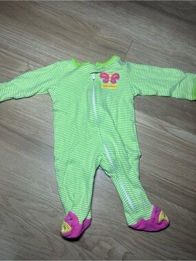 Carter's Lime Green Striped Footed One-Piece with Pink Accents